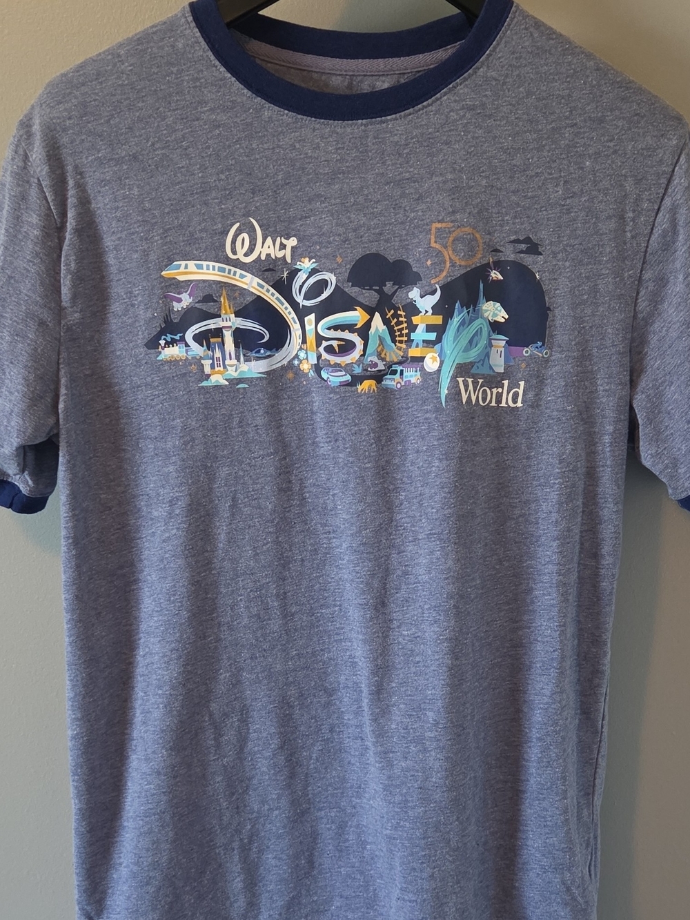 Disney Walt Disney World 50th Anniversary Blue Heather Ringer Tee Unisex S